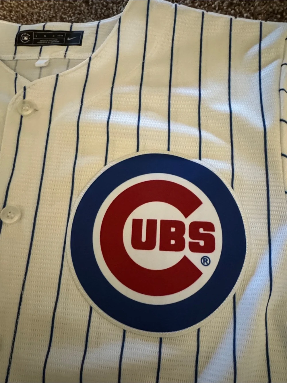 Nike White and Blue Pinstripe Baseball Jersey with Red Accent- Cubs - Picture 3 of 6